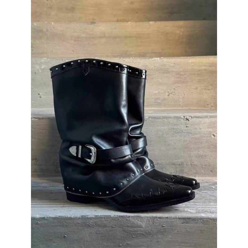 Cowhide version~ retro rivet Martin boots pointed mid-tube pants tube boots women's fried street thick heel versatile fashion knight boots