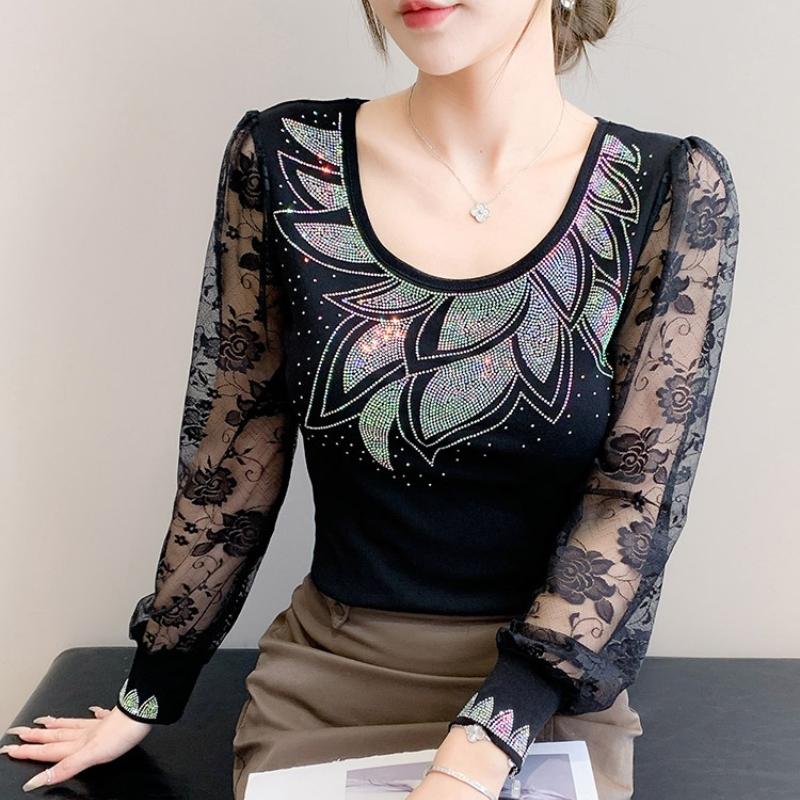 Spring Autumn Women's Hotfix Rhinestone Flower Lace Sleeve Patchwork T-Shirt Elegant Full Sleeve Tees Slim Ladies Tops