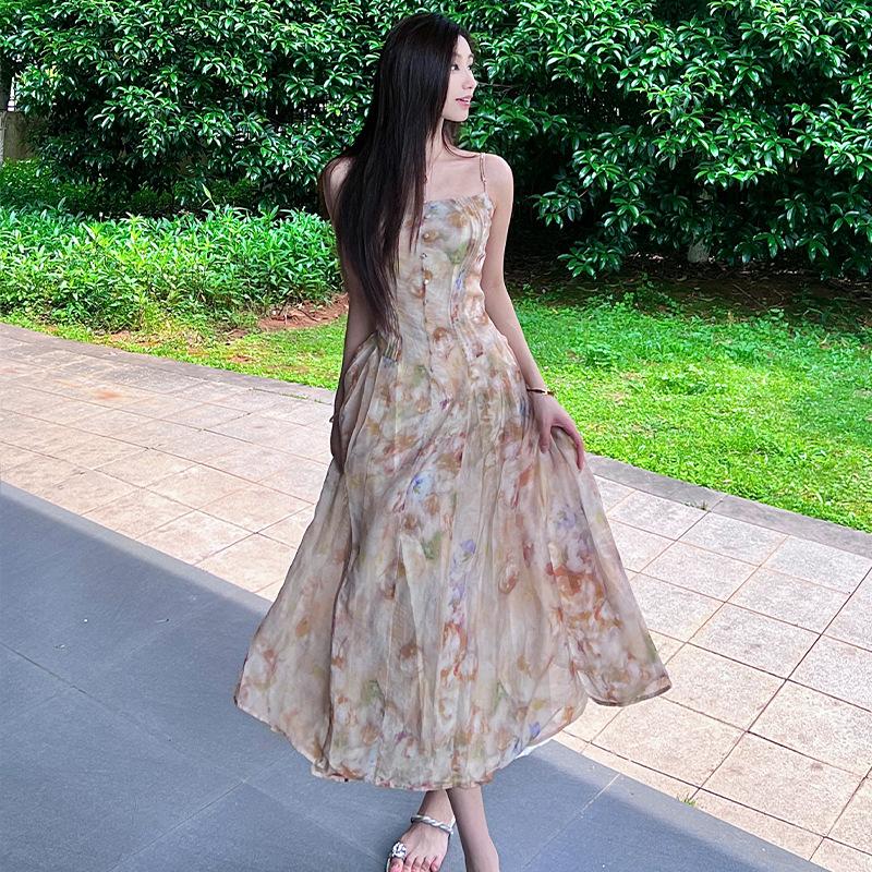 

Платье с цветочным принтом и подтяжками, весна 2025, французское каникулярное сказочное длинное L