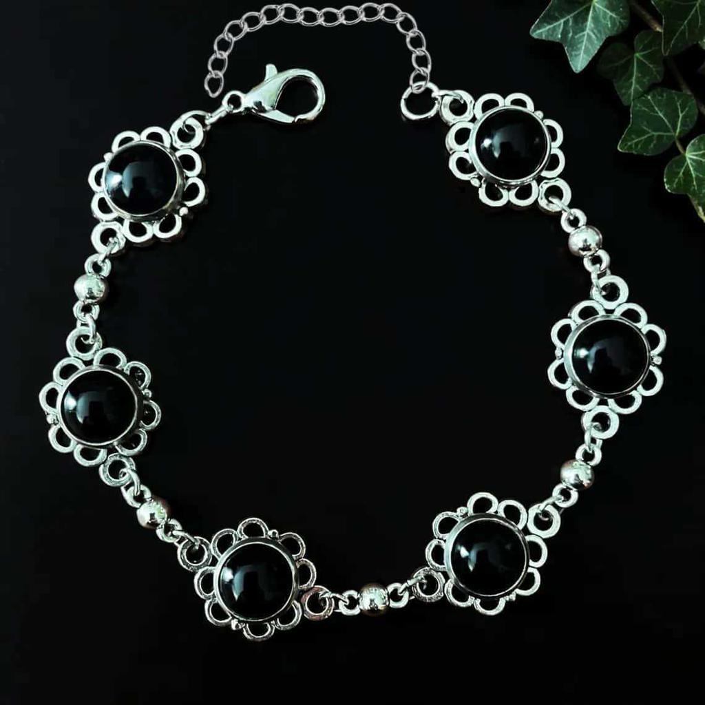 Romantic Gothic Silver Color Hollowed Flower-shaped Edging Inlaid Black Onyx Bracelets for Women Men Dark Punk Jewelry Gifts