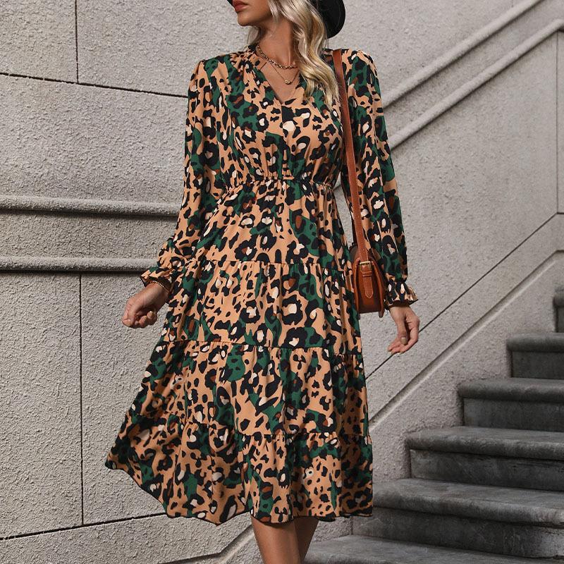 2026 new European and American autumn women s clothing medium and long-sleeved leopard print dress S хаки