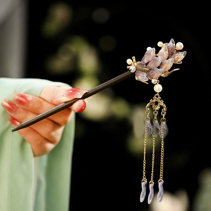 1 Stück Glas Fisch Haarnadel Antiker Kopfschmuck Sandelholz Haarnadel Frische Blütenblatt Haarnadel Neuer Chinesischer Stil Blütenblatt Quaste Haarnadel