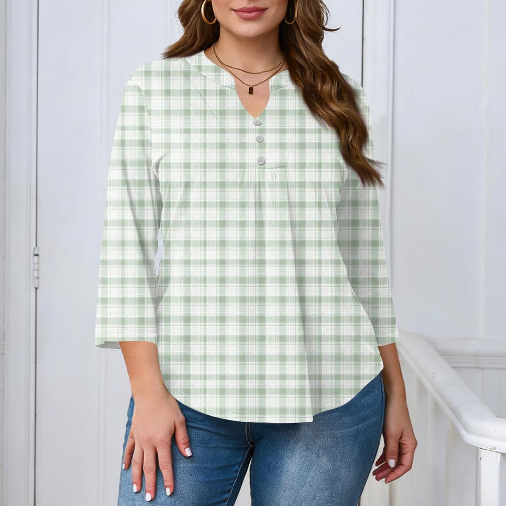 Women's Plus Size Fashionable Casual Loose Fit Three Quarter Sleeve Elegant Button Up V Neck Top