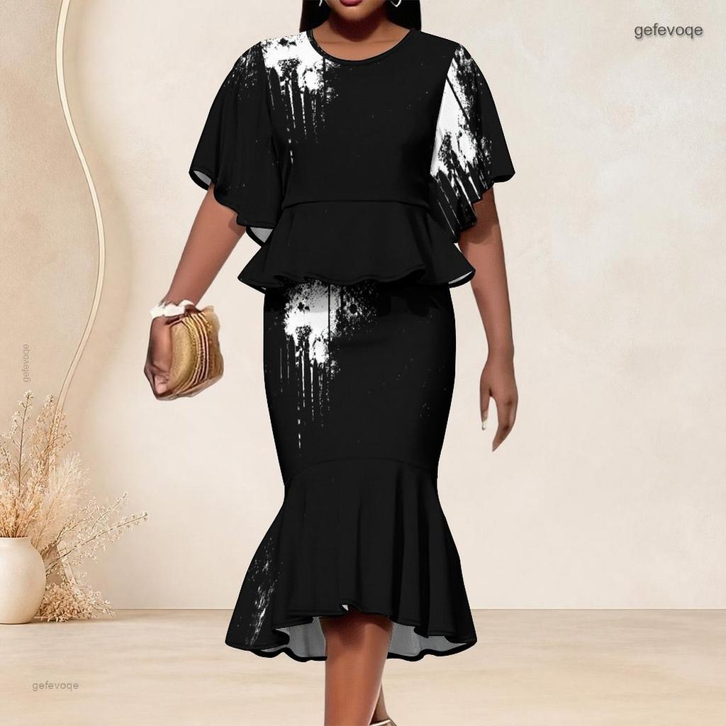 Women Plus Size Red Black Printed Round Neck Batwing Sleeve Ruffle Hem Top Fishtail Skirt Two Piece Set