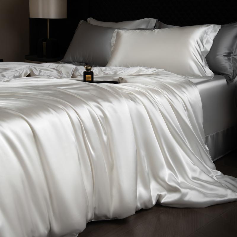 Luxury Mulberry Silk Duvet Cover Set High End Satin Solid Color Quilt Cover and Pillowcases Soft Silky King Size Comforter Cover