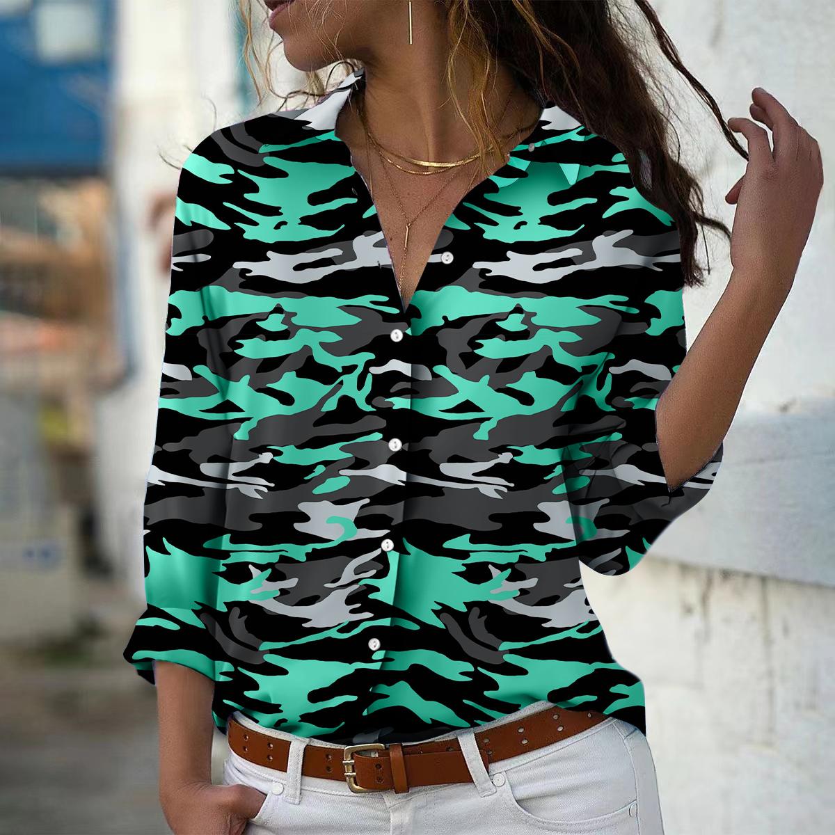 

Military Green Stripe Print Women Blouse Spring Autumn Femme Office Lady Button Up Turn Down Collar Shirts 8XL дубильна кора