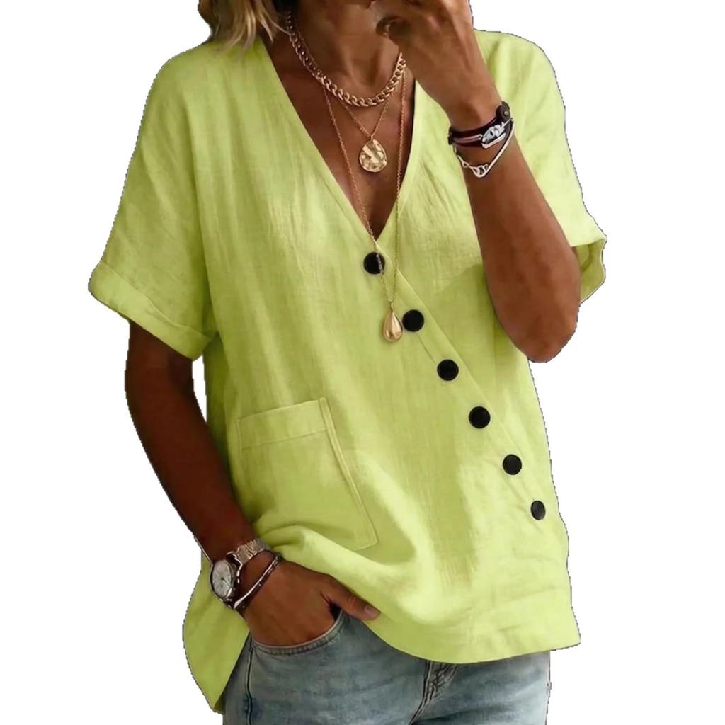 New Women's Shirt Top V-Neck Solid Color Casual Comfortable Button Cotton and Linen Shirt
