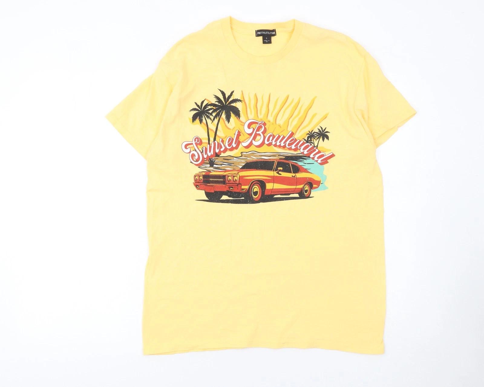 PrettyLittleThing Women s Yellow Sunset Boulevard Graphic T-Shirt Size S XL