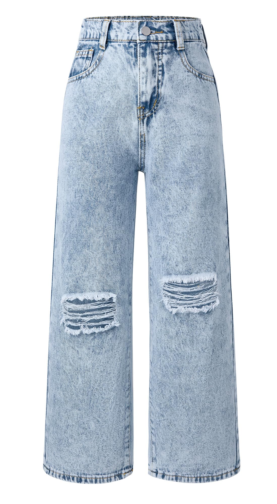 

Maeau Kids Distressed Denim Jeans, Girls Long and Wide Leg Pants, Elastic Waist, SH004 150, Perfect for Students and Juniors