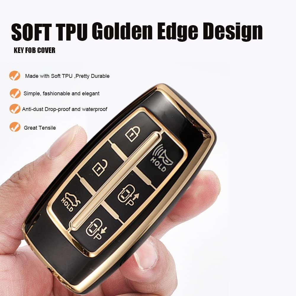 SANRILY Goldrand 6-Tasten Schlüsselanhänger Hülle für Genesis GV70 2021 2022 G90 G70 G80 GV80 Keyless Vollschutz Schlüsselanhänger Hülle mit Leder Schlüsselanhänger