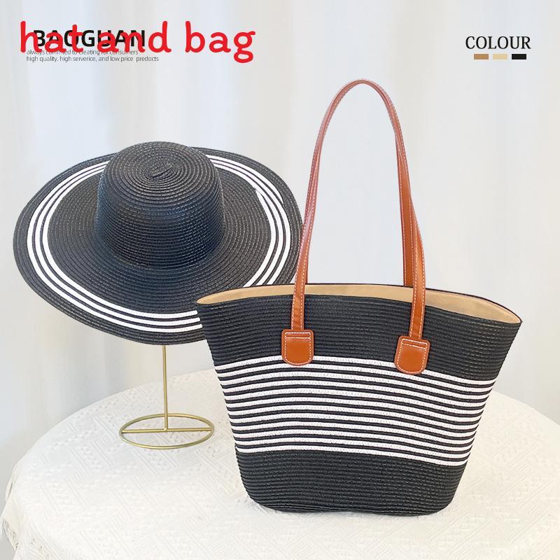 Fashion Striped Women Casual Large Capacity Woven Tote Bag And Sun Hat Set For Beach Vacation And Travel