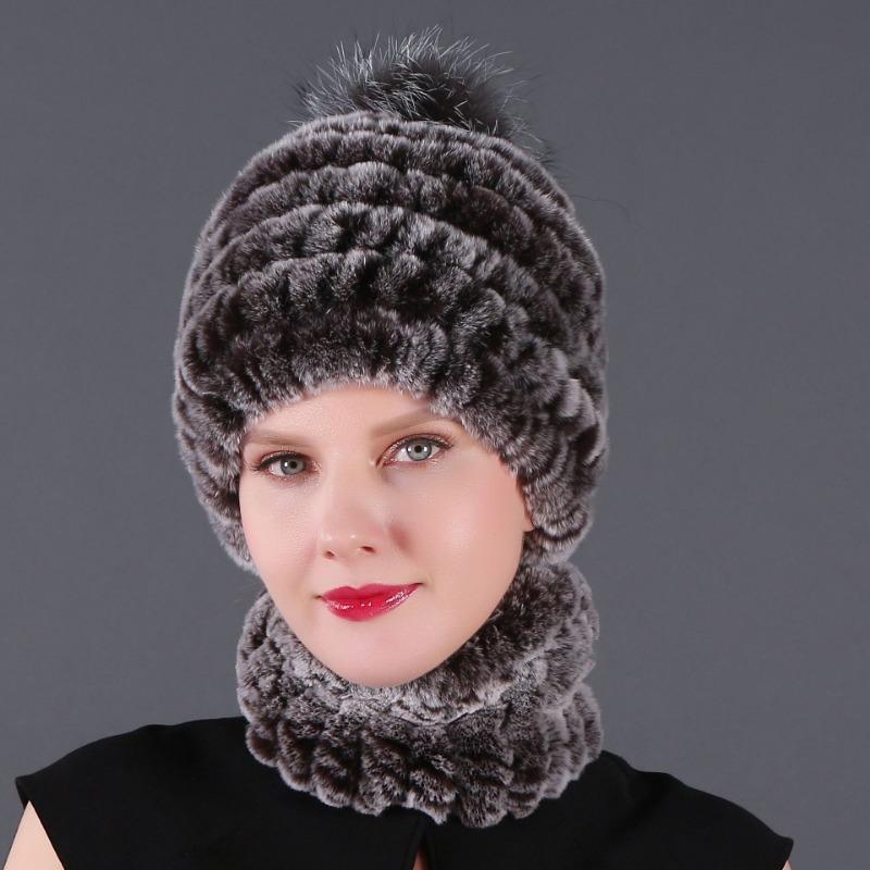 New hat scarf winter thickened thermal hat Rex rabbit fur grass Rex rabbit fur scarf two-piece set