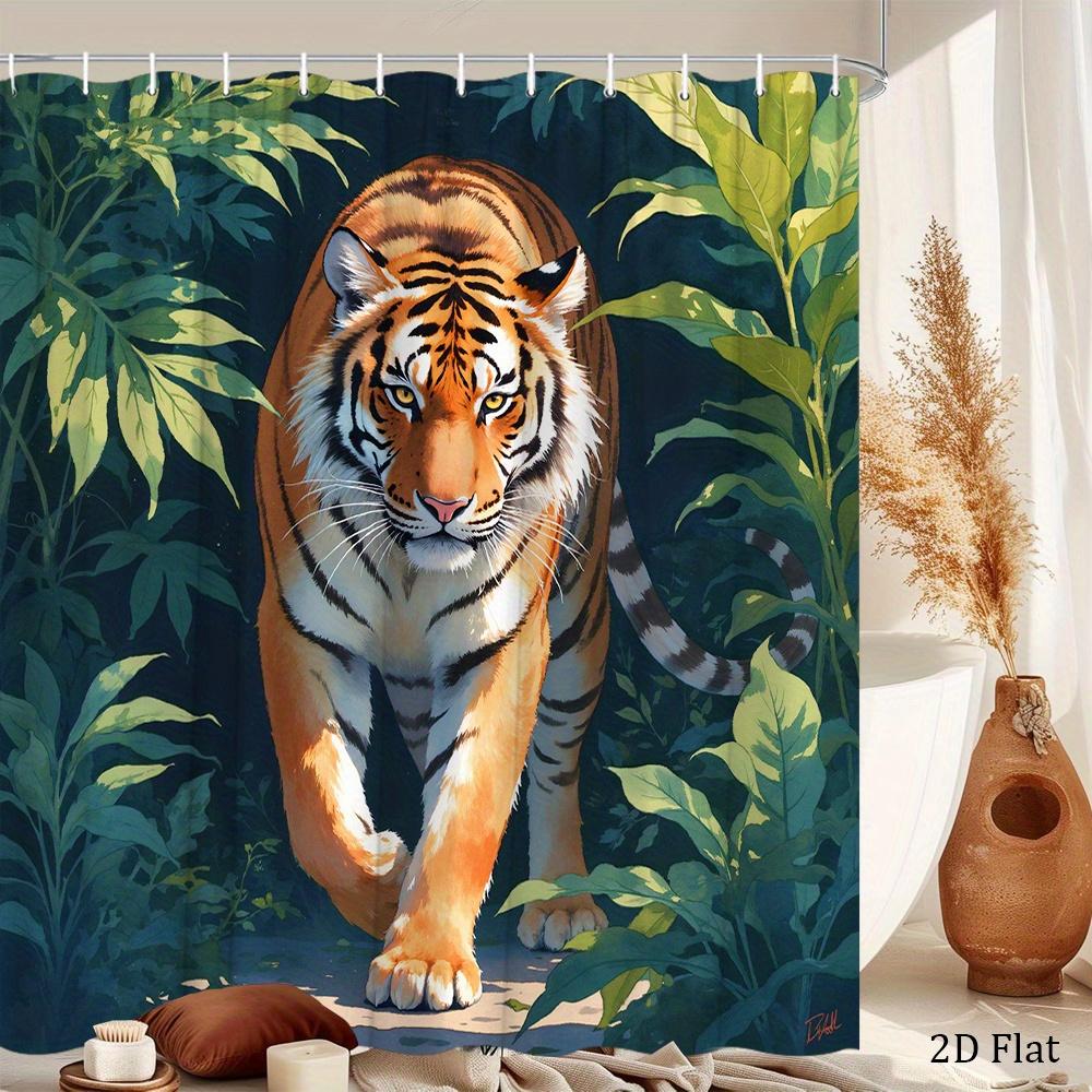 Majestic Tiger Shower Curtain Polyester Bathroom Decoration, Lush Green Leaves, Tropical Jungle Scene, 12 Hooks, 70x 70 Inches