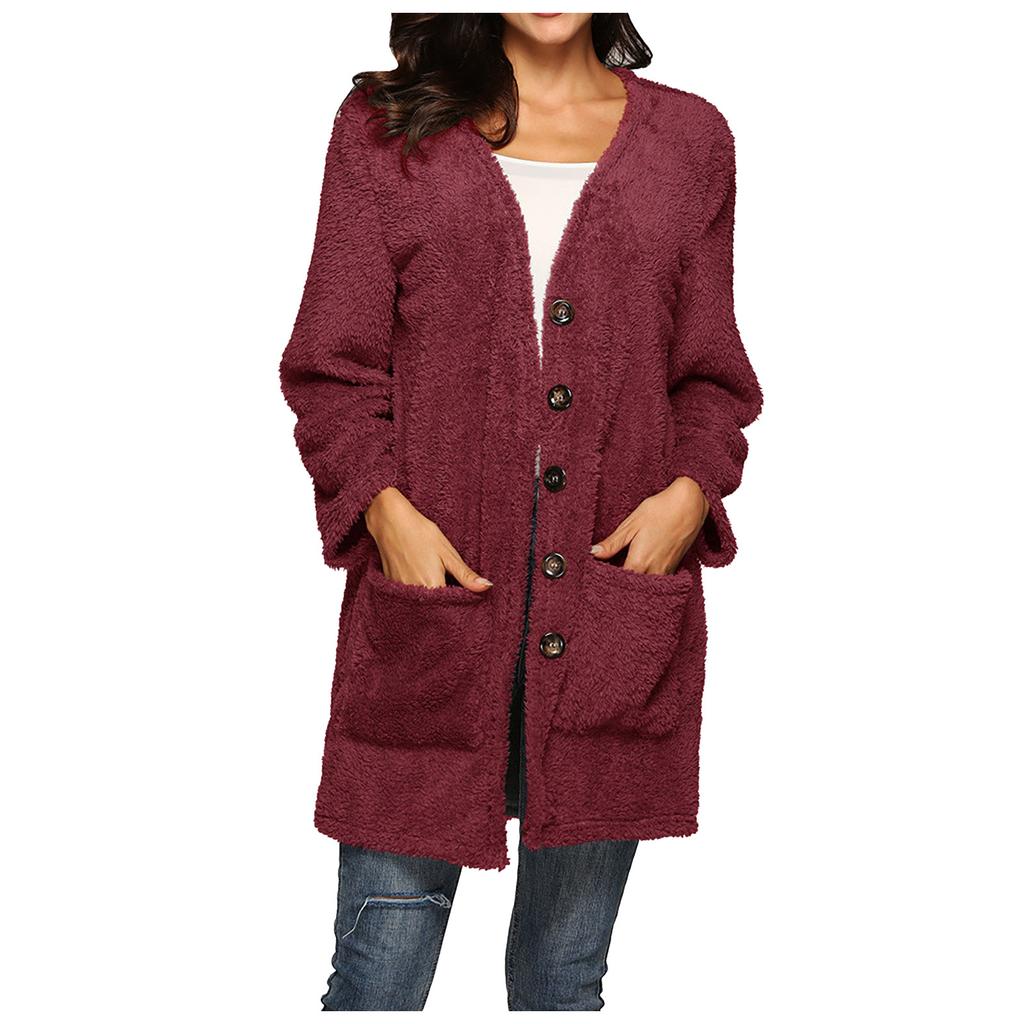 Women's  And Winter Loose Solid Color Stitching Long-sleeved V-neck Single-breasted Pockets Plush Coat