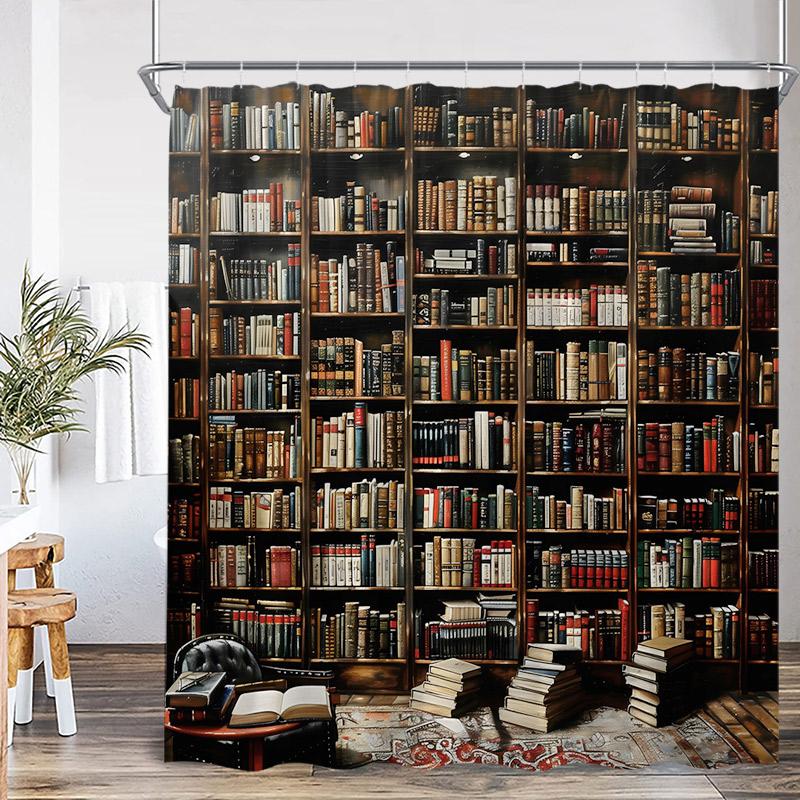 Vintage Bookshelf Shower Curtain Retro Book Green Plant Leaves Modern Fabric Home Wall Hanging Bathroom Curtain Decor with Hooks