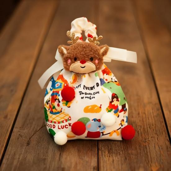 Christmas Drawstring Gift Bags 3D Fabric Wrapping Gift Bags Reusable Xmas Candy Bags with Handle