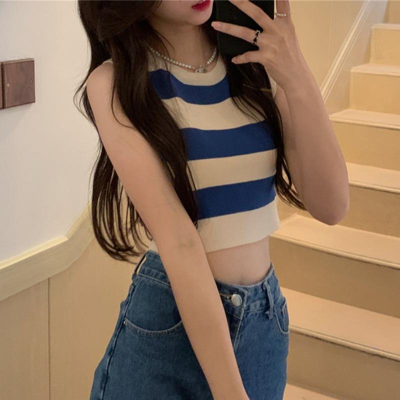 Knitted striped small suspender vest for women's summer wear, sweet and spicy girls short sleeveless student top