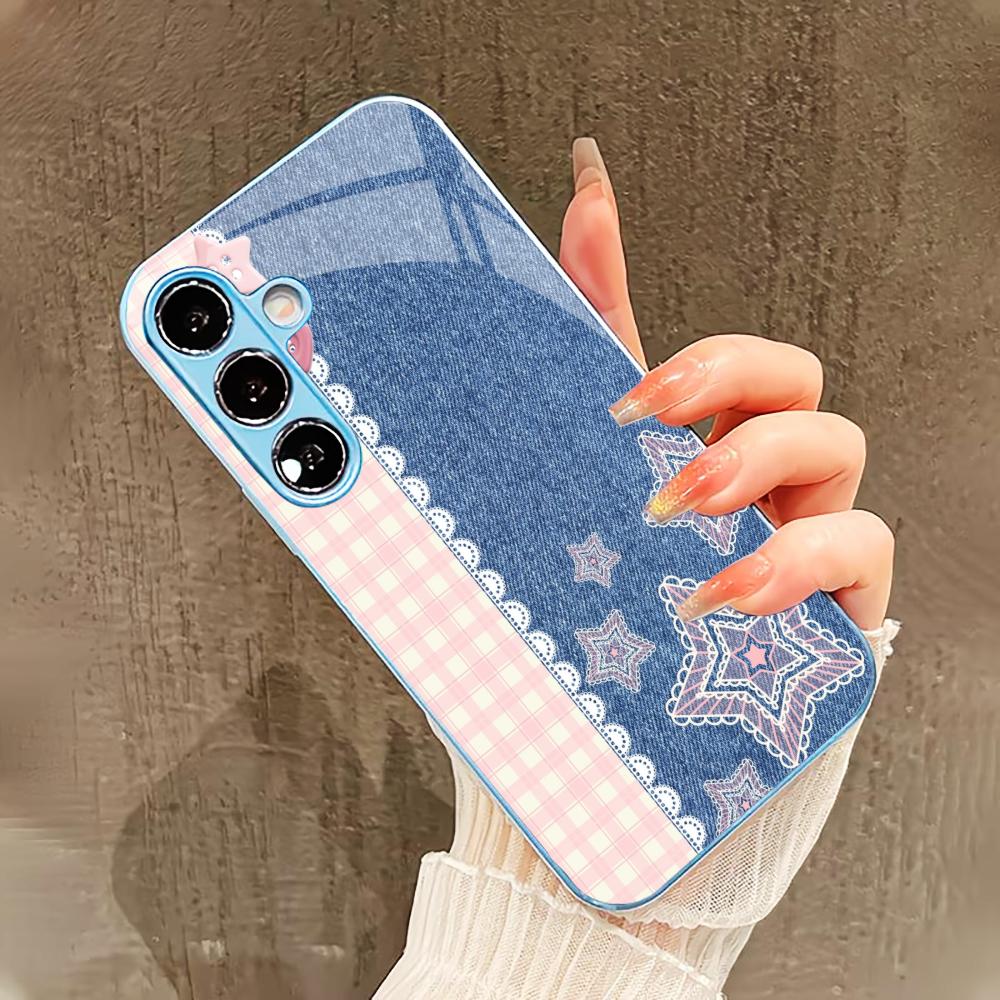 Pink and blue stars PhoneCase for Samsung Galaxy S26 S25 S24 S23 S22 FE Ultra Plus Built-in glass feel bare machine Men women
