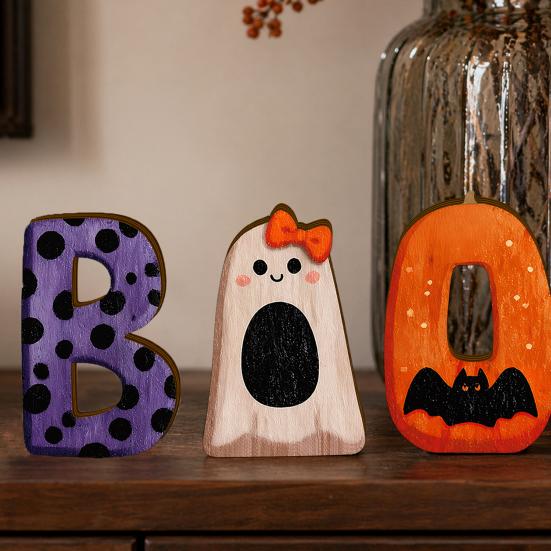 3Pcs/Set Wooden Halloween Statues, Letter Bat Pumpkin Ghost with Bowknot Deisgn, Halloween Desktop Ornaments, Holiday Party Decor & Scene Layout