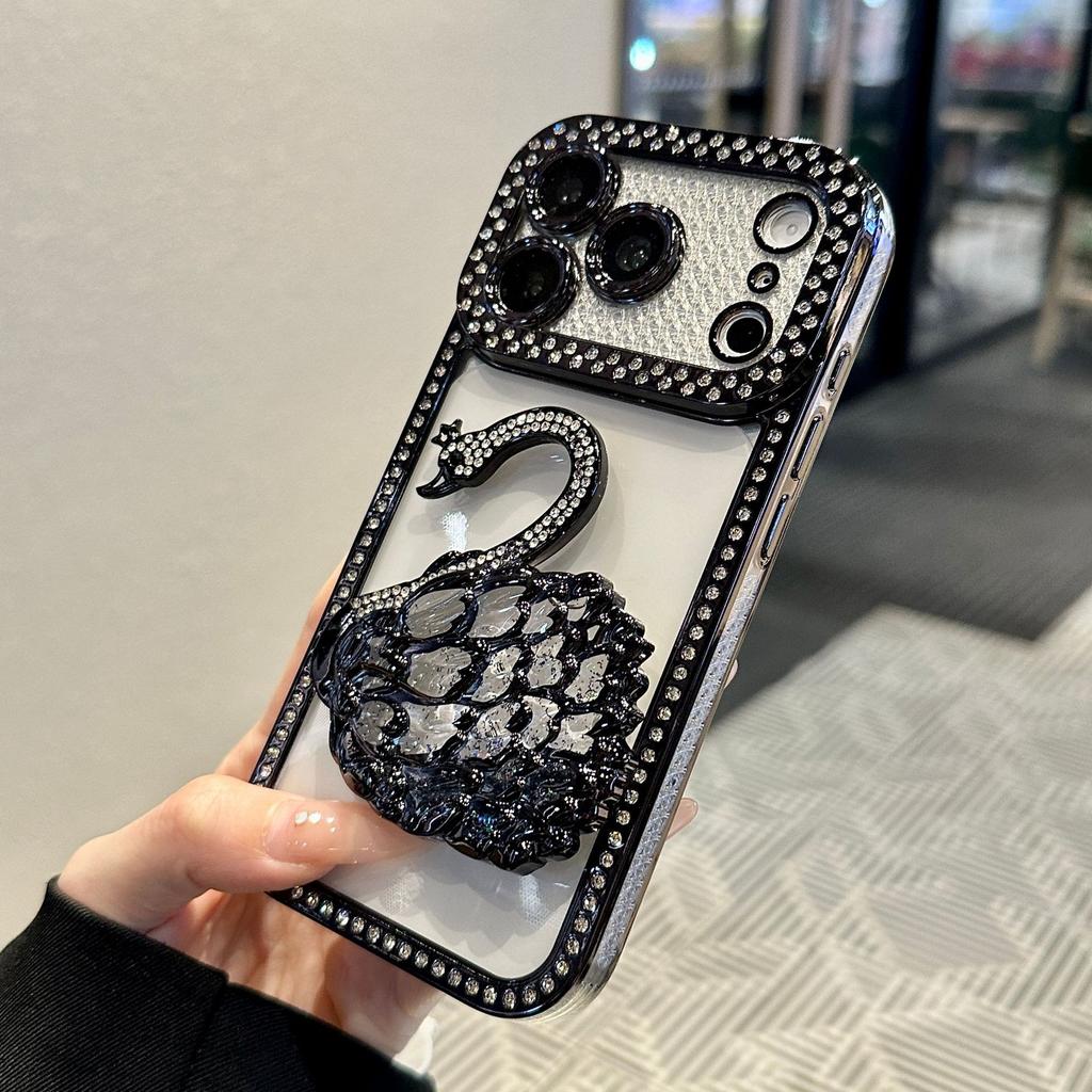 17PRO/17AIR Diamond-encrusted Electroplating Shell + Swan Quicksand Bracket for 17PROMAX Mobile Phone Case Luxury Cartoon