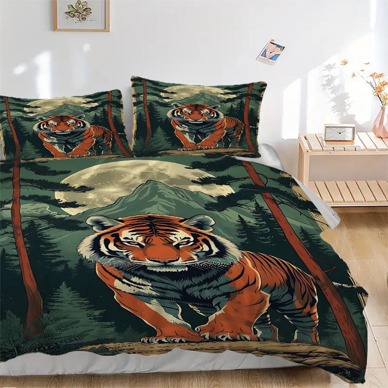

3PCs Tiger Forest Moon Design Cover Set, Breathable Fabric, Machine Washable (1 Duvet Cover + 2 Pillowcases) (Without Quilt) yy250911107 135x200cm