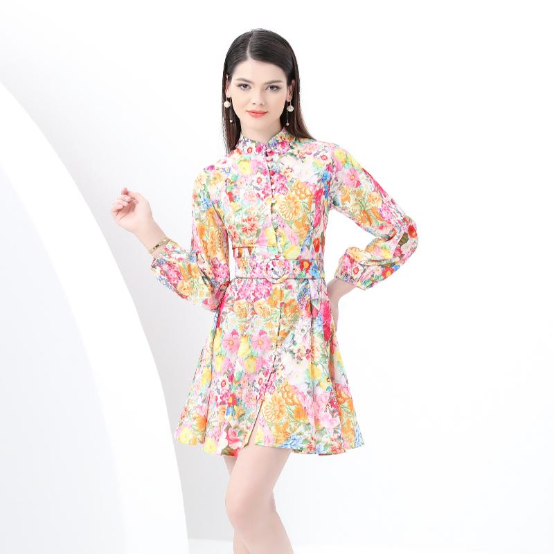 Frühling Sommer Damen Stehkragen Vintage Print Laternenärmel Mini Kurz Urlaubs Strandkleider mit Gürtel