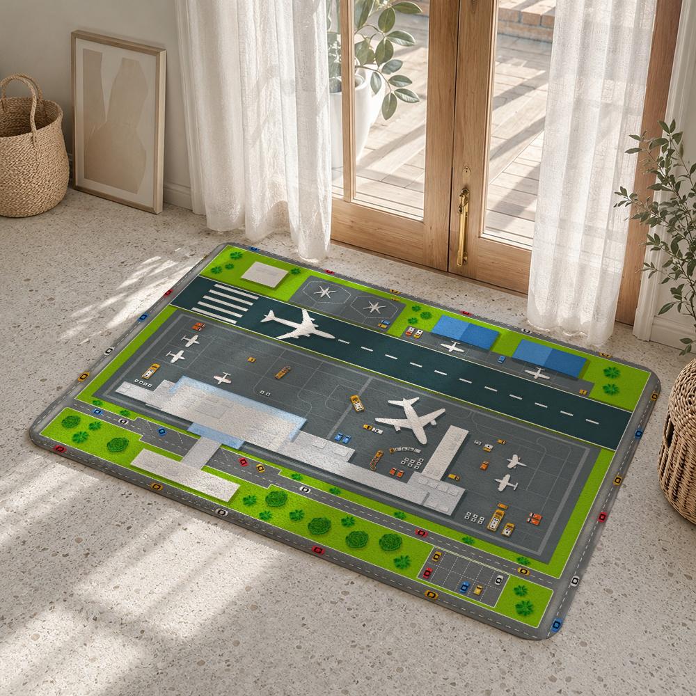 Airport Runway Plane Scenes Floor Mat Flannel Rug Soft Non Slip Washable Door Mat For Bathroom Bedroom Kitchen Home Decor