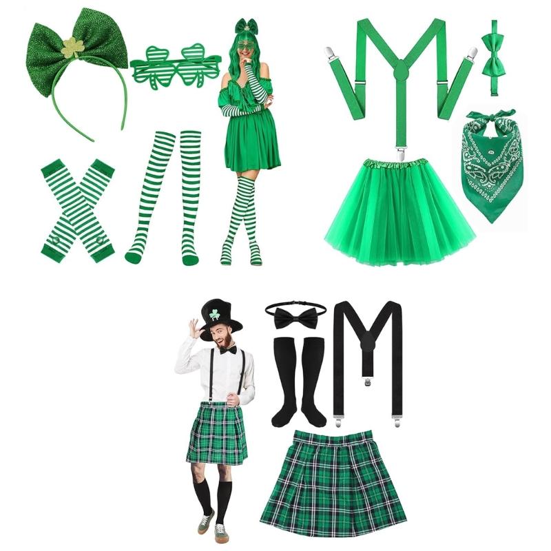 Green Leprechaun Hat Suspenders Striped Thigh High Socks Set Saint Patricks Day Costume Accessories Leprechaun Costume