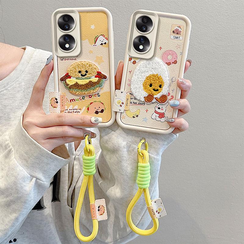 KEYSION Cartoon Cute Plush Embroidery Case for HONOR 70 5G with Lanyard Silicone Shockproof Phone Cover for Huawei Honor 70