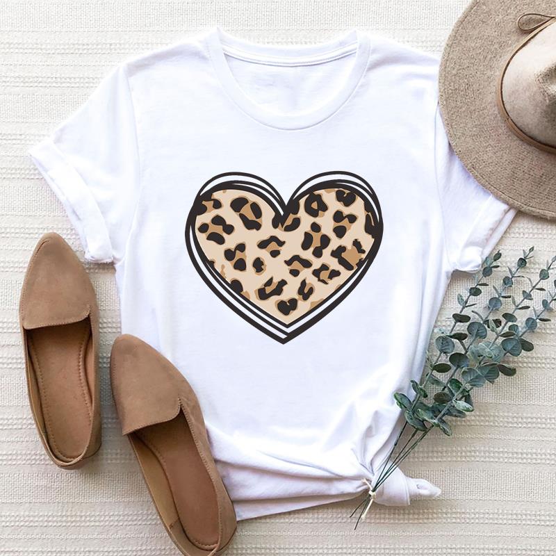 European size Women Leopard Love Heart Trend Cute 90s Clothing Print Tee Top Fashion T Shirt Woman Female Short Sleeve Graphic T-shirts