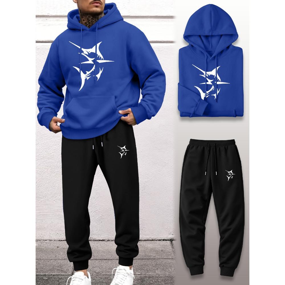 Swordfish Print Hooded Sweatshirt and Pants Two Piece Set Men's Sports Suit Casual Street Style Versatile for Daily Fishing Trips