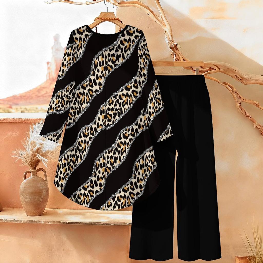 Geometric Pattern Print Two Piece Outfit Women Long Sleeve Irregular Hem Tunic Top Wide Leg Pants Casual Matching Set