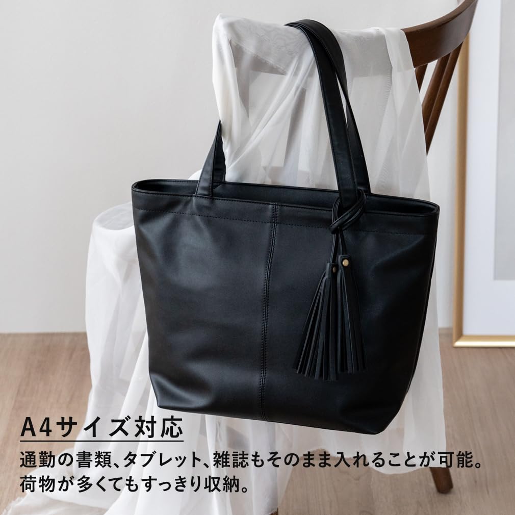 Gratante Big Tote Bag with Tassel, Women's Commuter Bag, Abb-g0003 (Black)