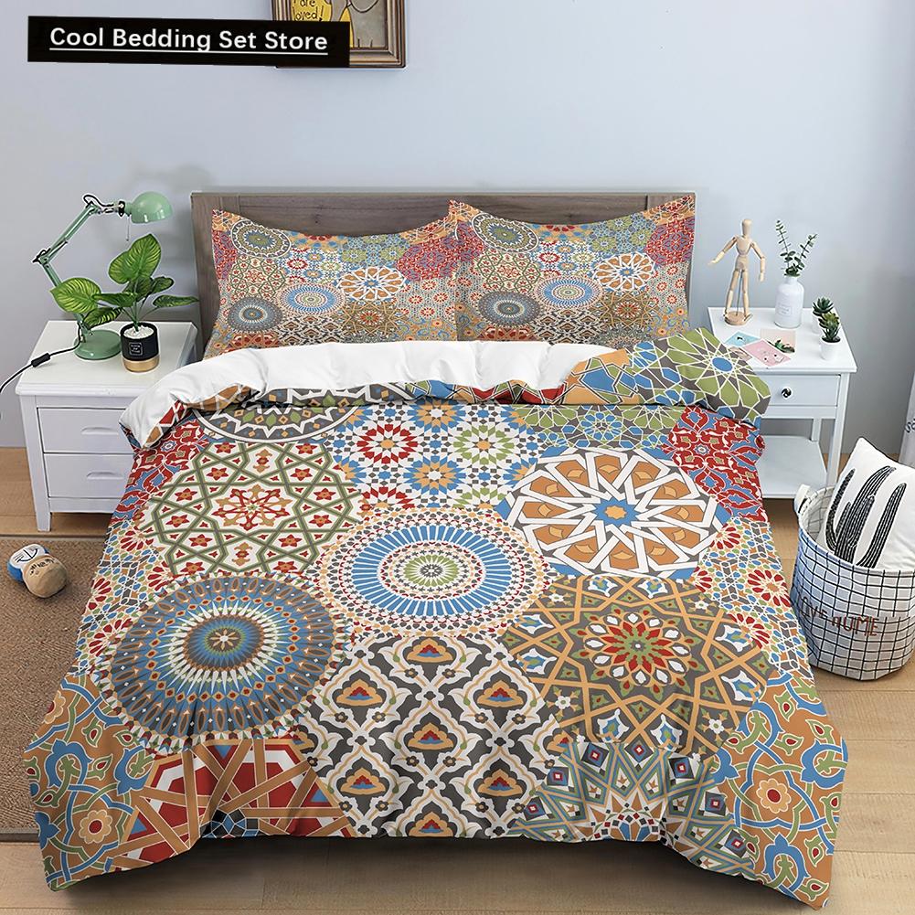 Geometric Mandala King Queen Duvet Cover Boho Ethnic Style Bedding Set for Teens Adults Mediterranean Soft Polyester Quilt Cover