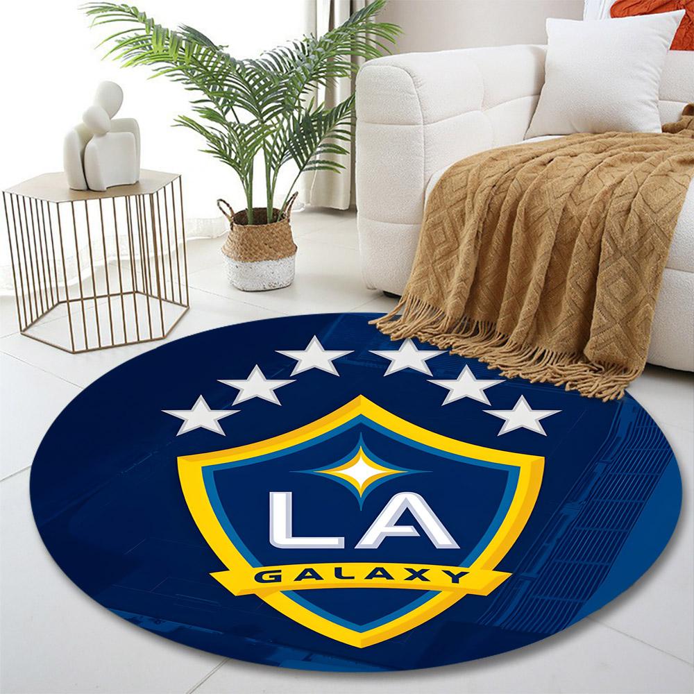 Round Rug LA Galaxy Shield Crest Six Stars Yellow Blue MLS Soccer Club Circular Rug for American Football Fan Living Room Decor