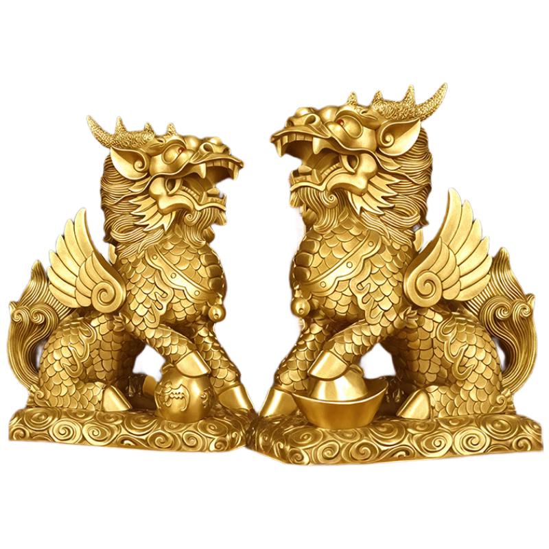 Brass Kylin Feng Shui Ornament Set with Crystal Treasure Bowl