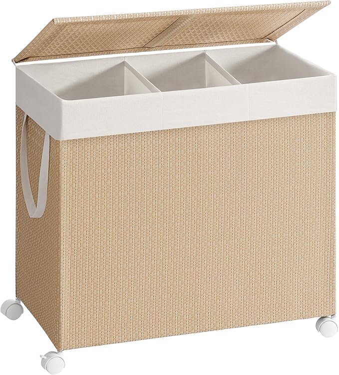 SONGMICS HOME Laundry Hamper with 3 Section, Large 140 L Rolling Laundry Basket with Wheels, Rattan Clothes Basket with Lid