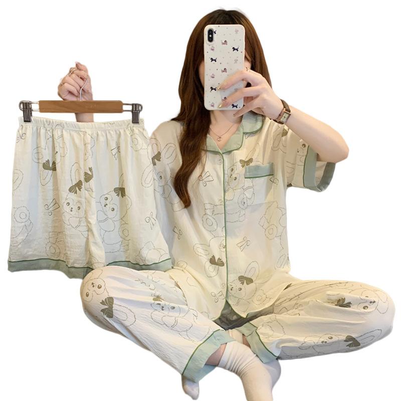 Girls Sweet Rabbit Cloud Cotton Pajamas Women'S Summer Comfortable Skin-Friendly Homewear Short Sleeve Three-Piece Set
