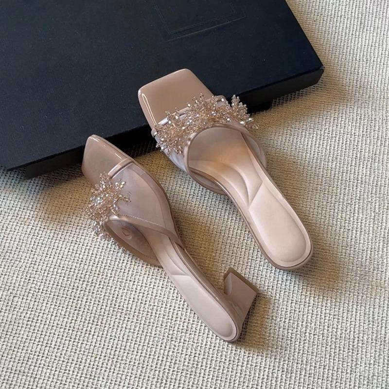 Sheepskin Rhinestone Mesh Leather Square Head High-heeled Slippers Women's Summer Open-toed Beautiful Temperament Wear Cool Slippers