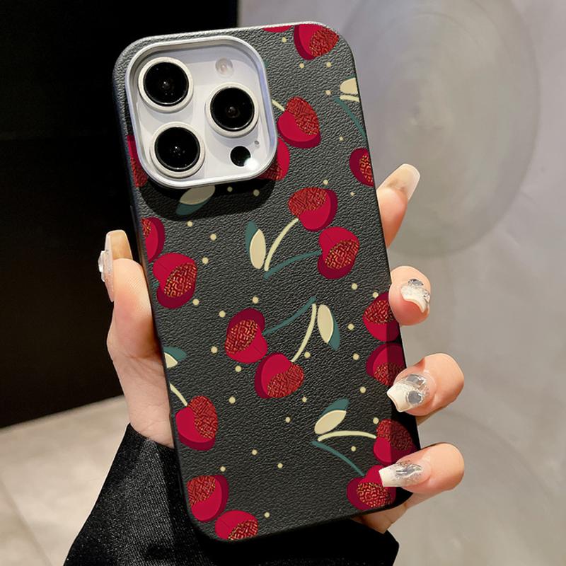 Cherry Print Slim Matte for Magsafe Case For iPhone 16 Pro Max 15 14 Pro 13 12 11 TPU Leather Texture Shockproof Soft Magnetic Phone Cover