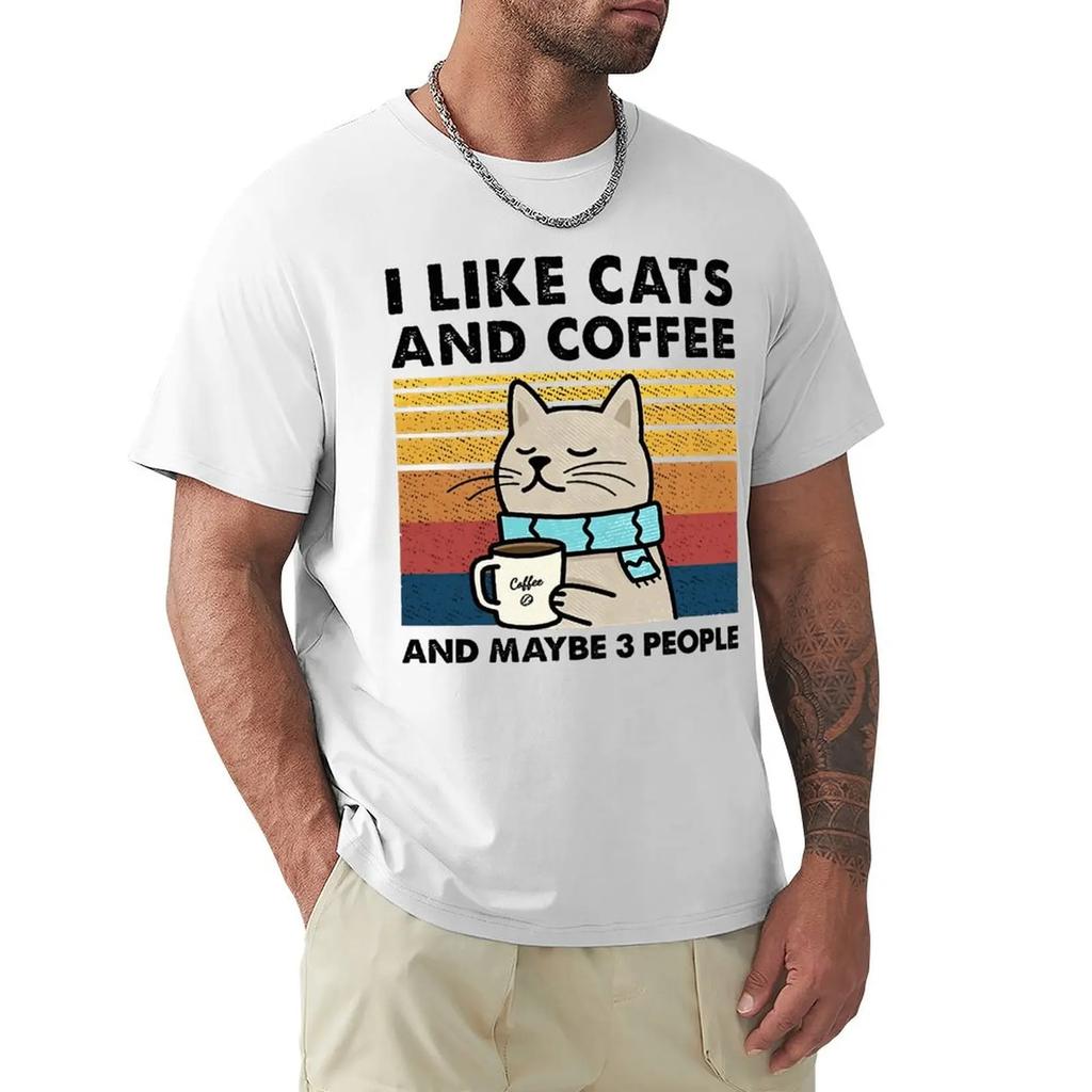 I Like Cats And Coffee Street Funny T-Shirt For Men Fashion Casual Loose Cotton Clothing Crewneck Breathable Tshirt Hip Hop Tees