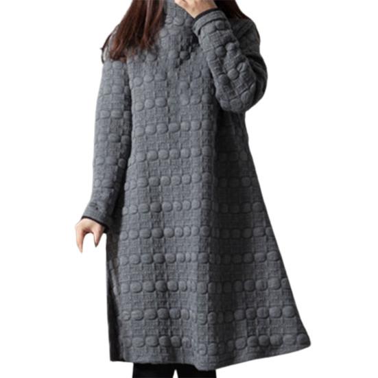Lady Dress Solid Color Stand Collar Casual Loose Knee Length Winter Dress for