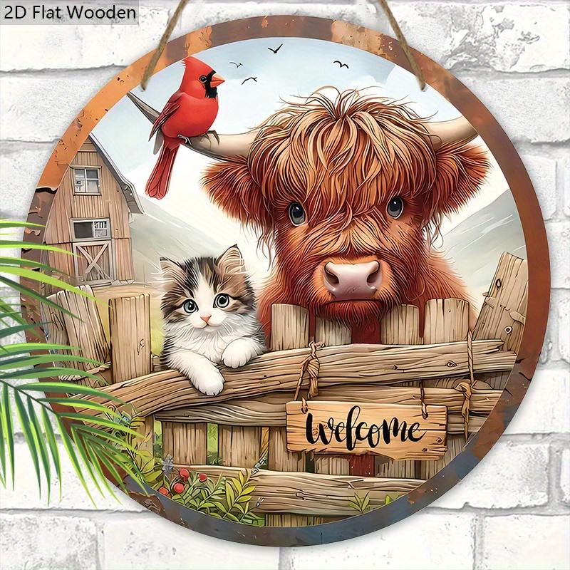 Welcome Wooden Sign with Highland Cattle Pattern - Rustic Decorative Plaque for Farmhouse, Herd Decorations - Ideal Housewarming Gifts