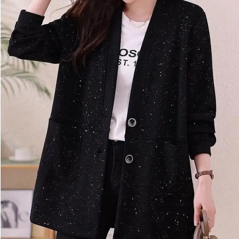 

Кардиган с длинным рукавом Женский Осенне-зимний Свободный Повседневный Блестящий Универсальный Жакет L чёрный