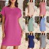 2026 Women's Solid Color Round Neck Short Sleeve Pocket Dress with Rolled Cuff