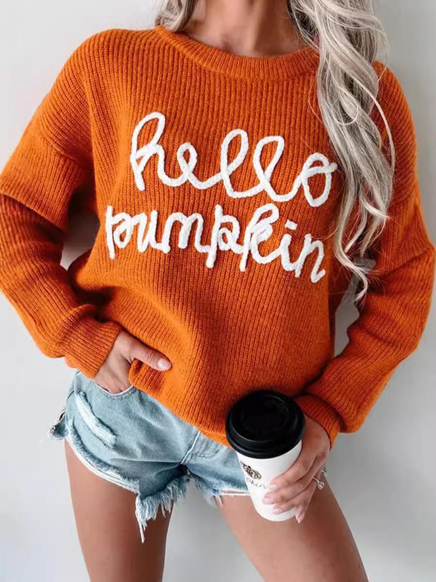 

European & American Long Sleeve Letter Jacquard Crew Neck Sweater Small помаранчевий