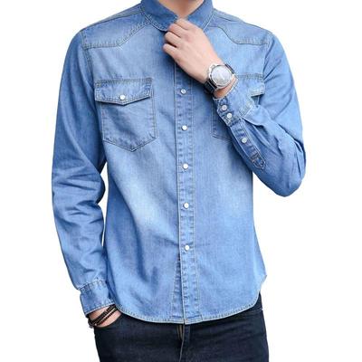 Cămașă din denim cu mânecă lungă, slim fit, stil coreean pentru bărbați - Bumbac trendy de primăvară și toamnă