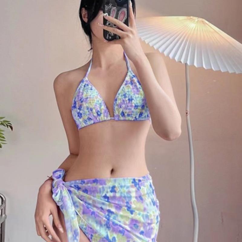 Damen S Sexy Frischer Bedruckter Gesplitteter Rock Stil Bikini Dreiteiliger Badeanzug