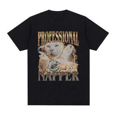 Camiseta de Gato Meme Divertido 'Professional Napper' para Hombres y Mujeres, Camiseta de Algodón Casual Oversized, Camisetas Vintage de Moda con Cuello Redondo, Streetwear