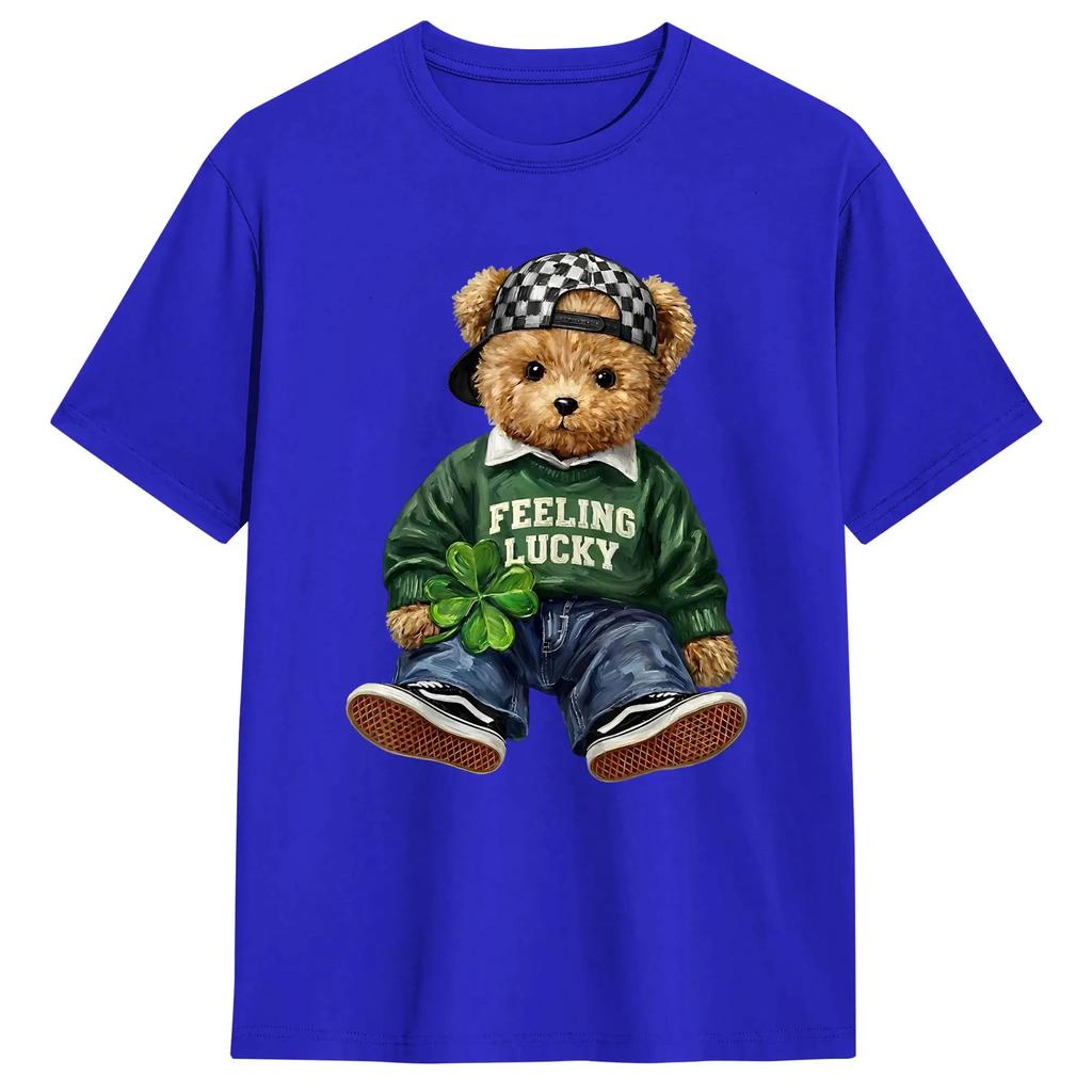 Men's T-Shirts Cute Funny Teddy Bear Feeling Lucky Drinking St Patricks Day Creative Pure Cotton Tees Short Sleeve Tops